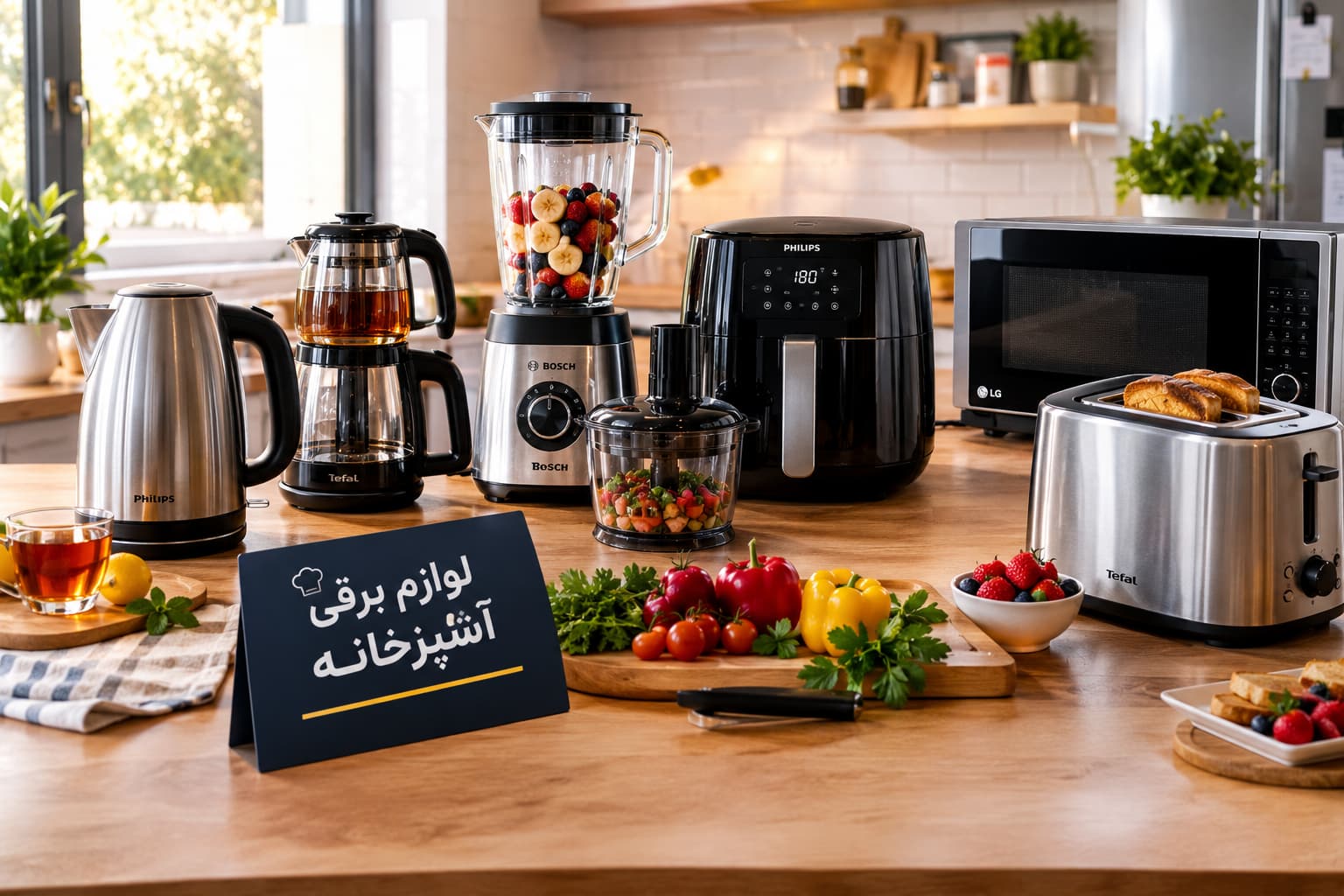 لوازم برقی آشپزخانه شامل کتری برقی، چای‌ساز، مخلوط‌کن، هواپز و توستر